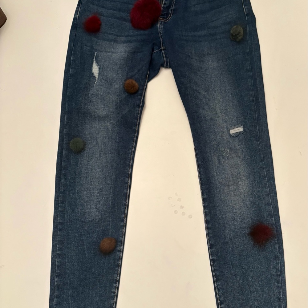 CHARLIE B Distressed Blue Jeans with Pom Pom Accents - Picture 2 of 7